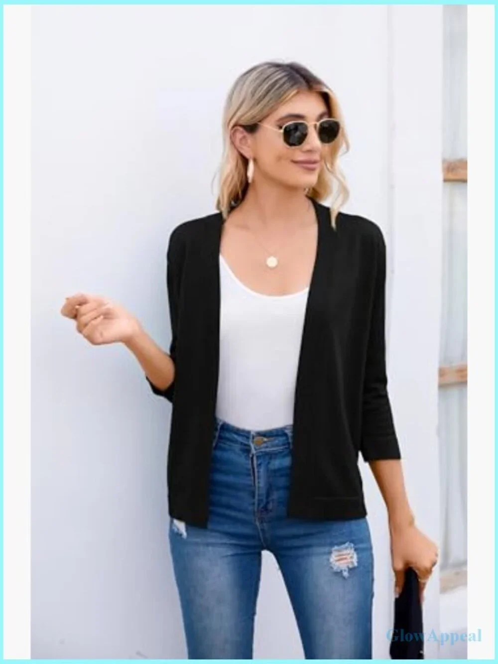3/4 Sleeve Open Front Cropped Cardigan Sweater Lightweight Shrug